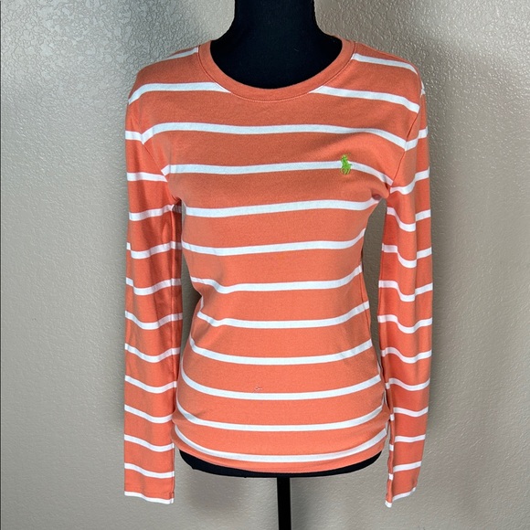 Ralph Lauren Tops - Ralph Lauren Orange and White Striped Long Sleeve Tee with Green Polo Logo